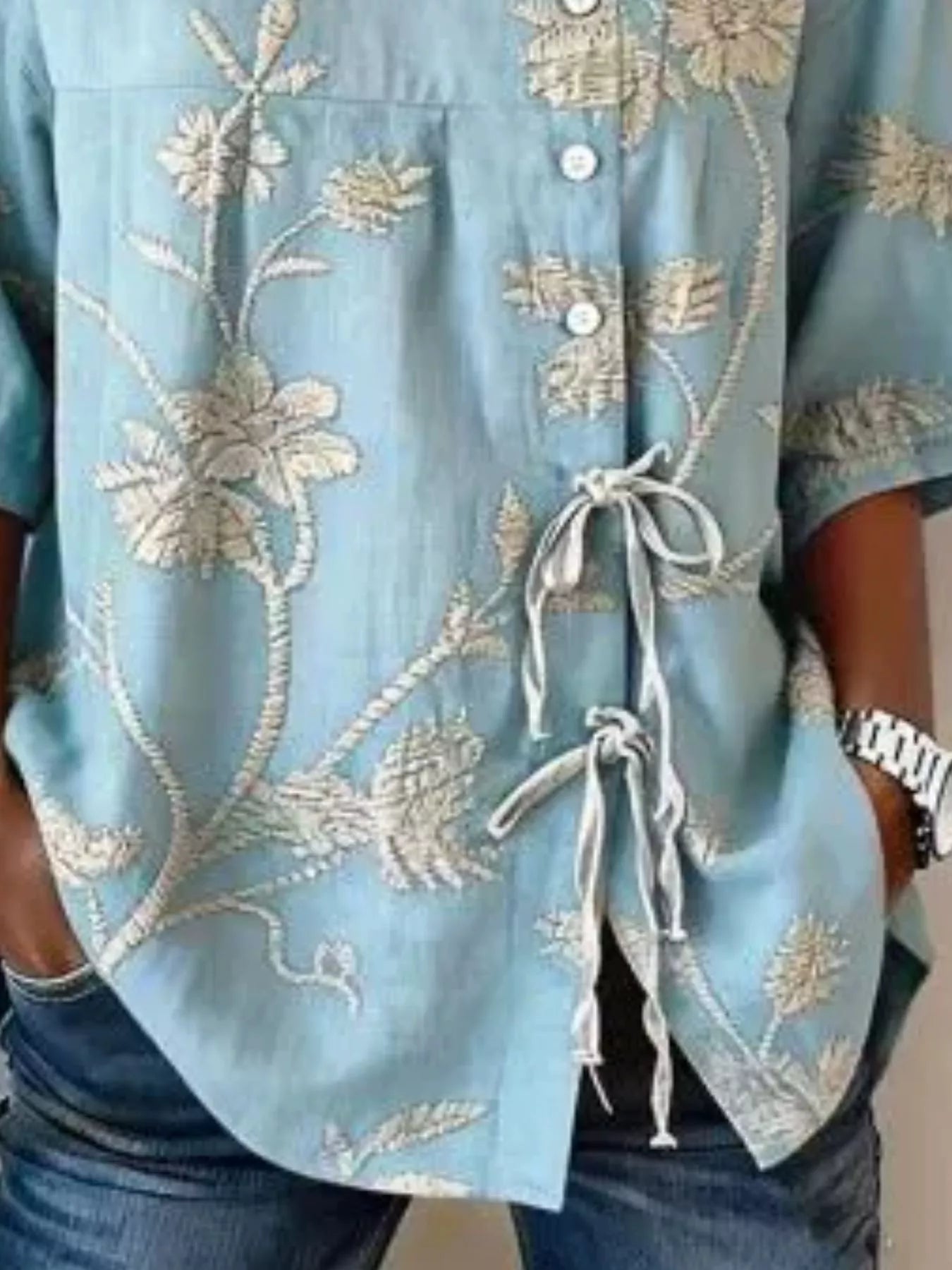 Full Size Embroidered Floral Tie Front Shirt Plus Size