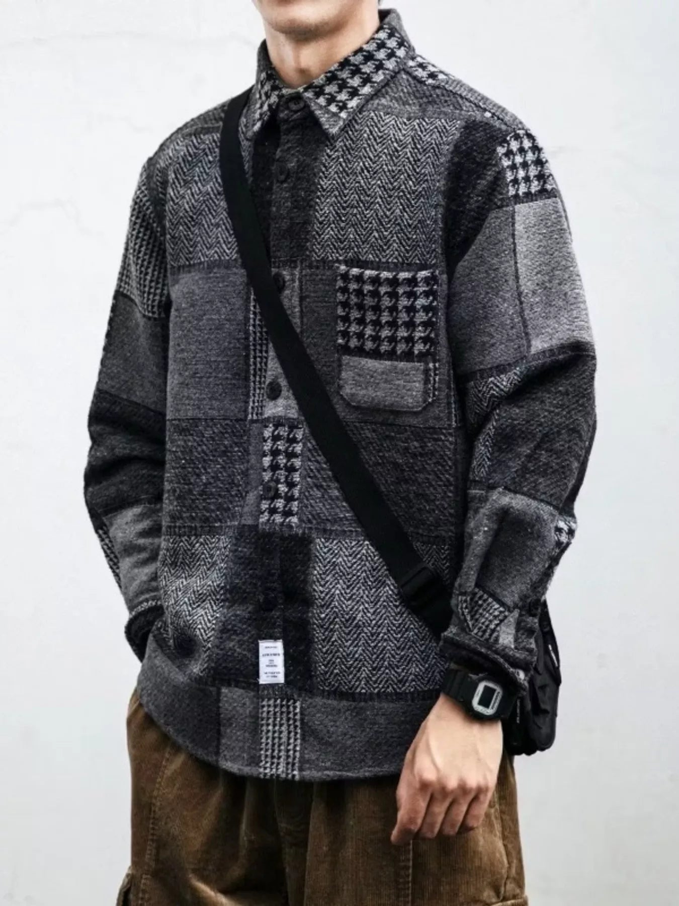 Men's Plus Size Plaid Patchwork Button Up Shacket