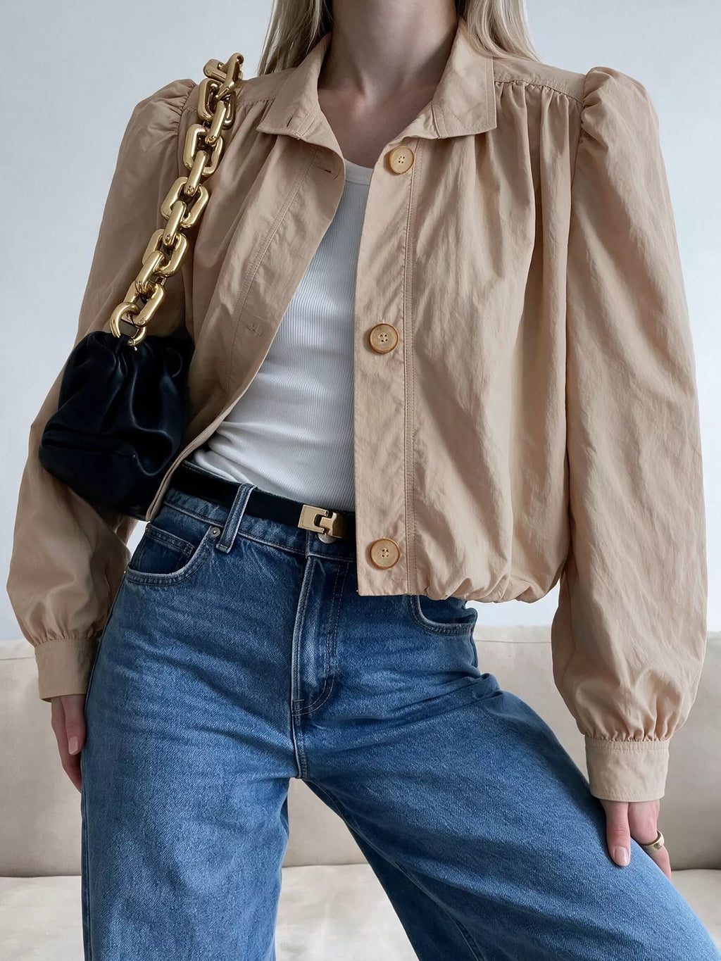 Button-Down Puff-Sleeve Jacket