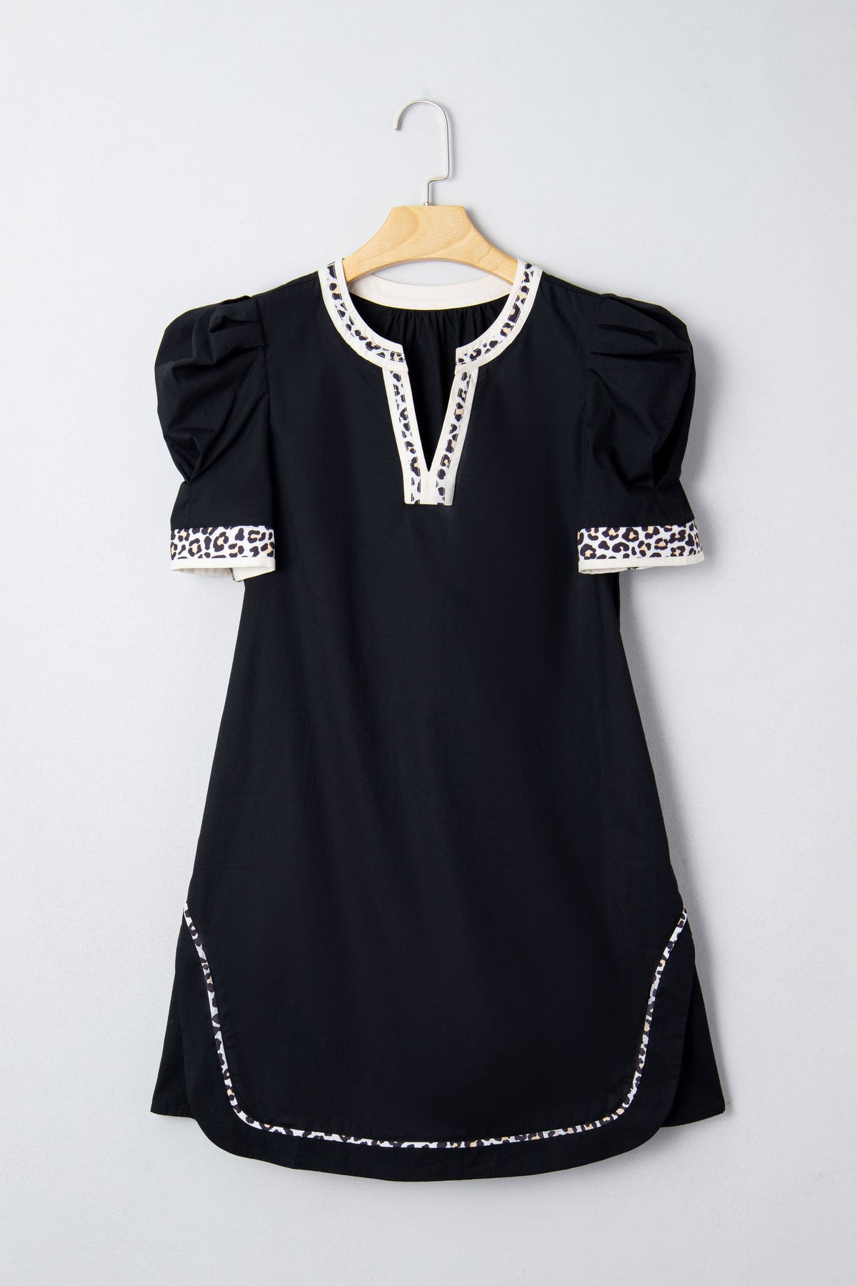 Leopard Trim Short Puff Sleeve Mini Dress