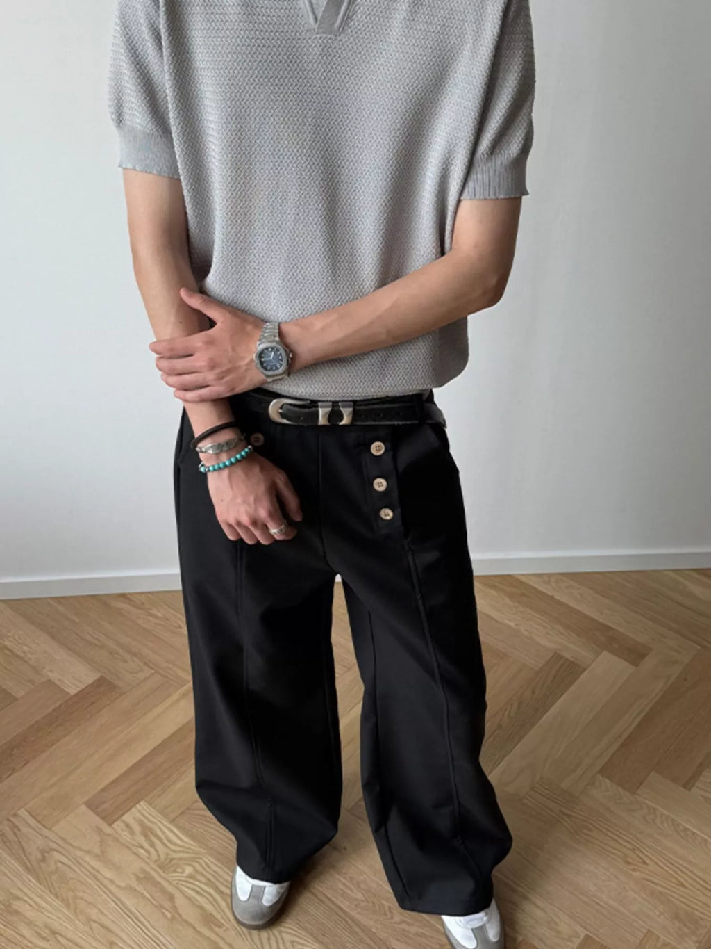 Men's  Button-Detailed Wide Leg Pants
