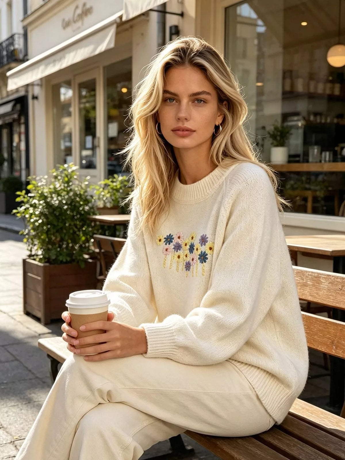 Floral Embroidered Round Neck Sweater