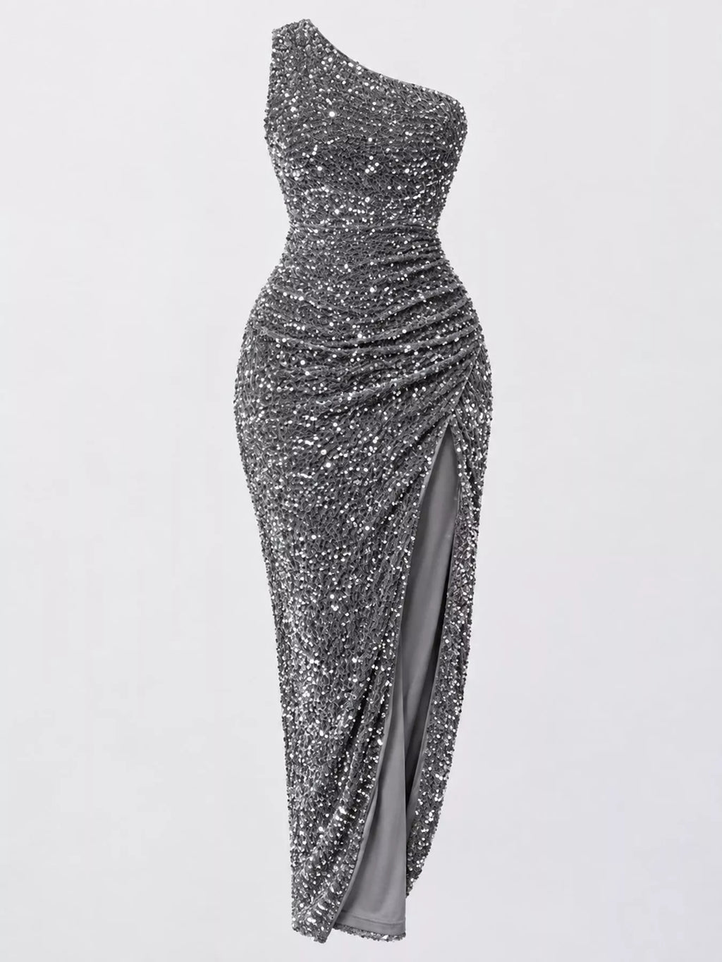 One-Shoulder Ruched Sequin High-Slit Evening Dress