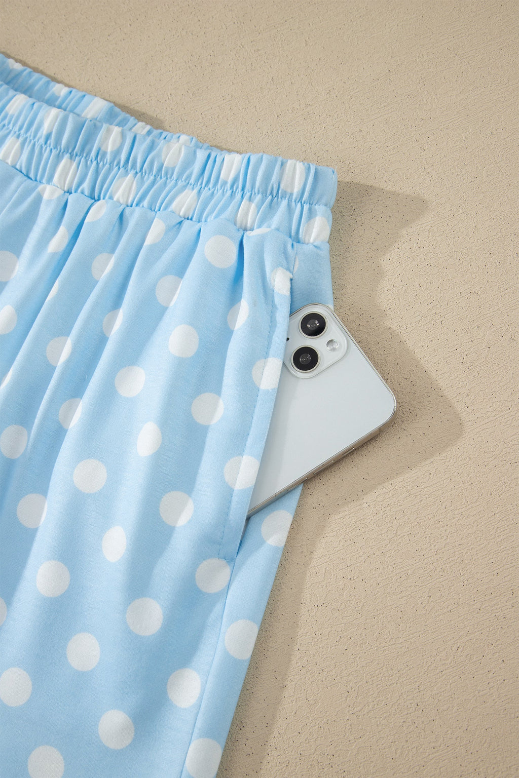 Sky Blue Polka Dot Print Color Block Trim Mock Neck Short Set