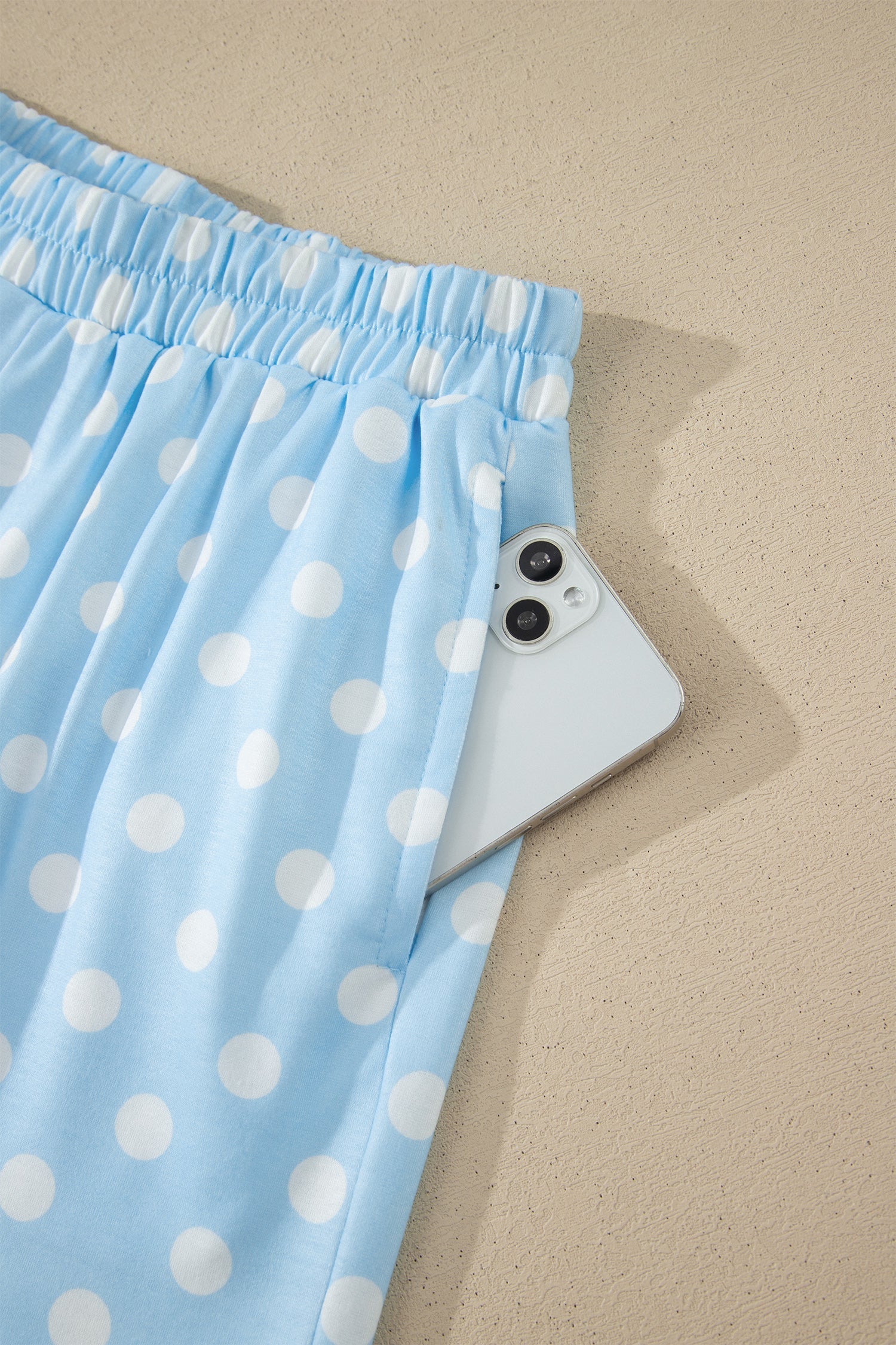 Sky Blue Polka Dot Print Color Block Trim Mock Neck Short Set