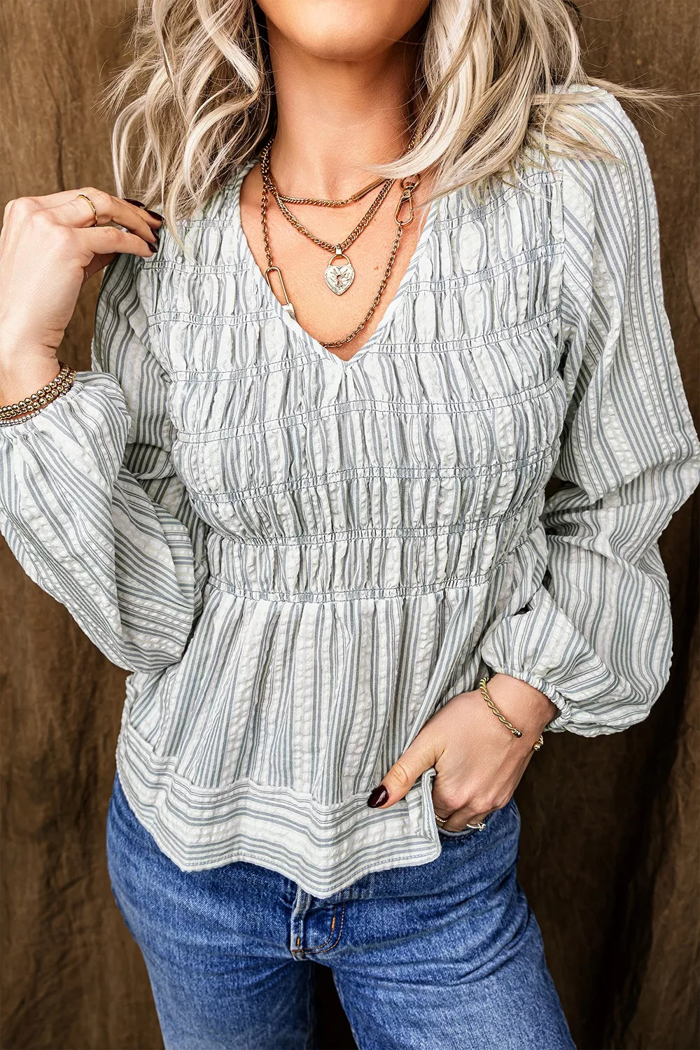 Stripe V Neck Shirred Long Sleeve Blouse