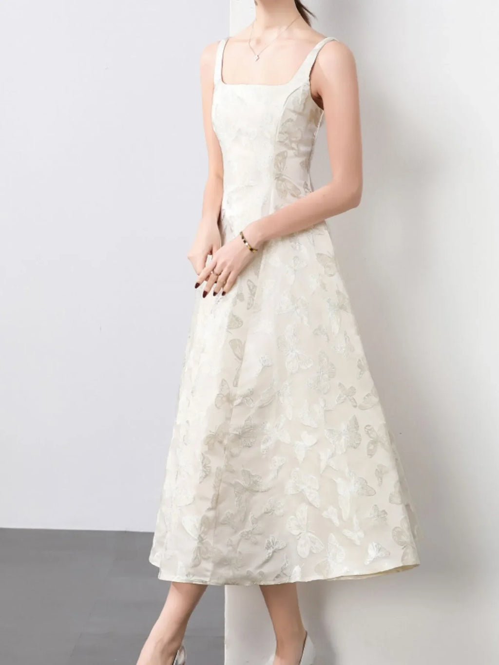 Butterfly Pattern A-Line Sleeveless Midi Dress