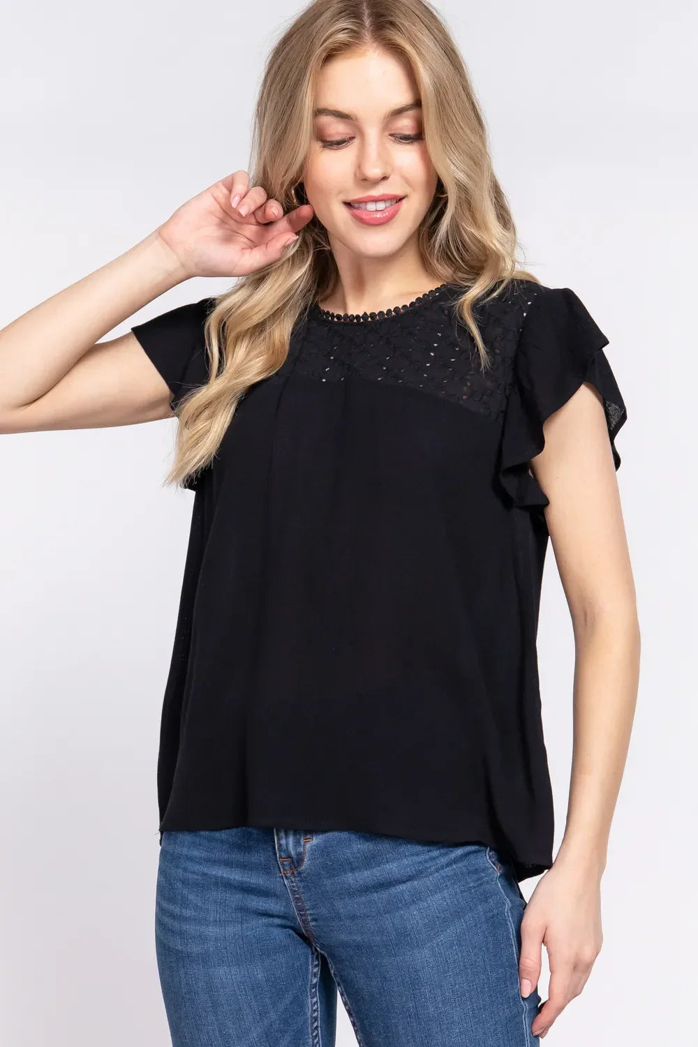 Crochet Ruffle Sleeve Blouse in Breathable Rayon