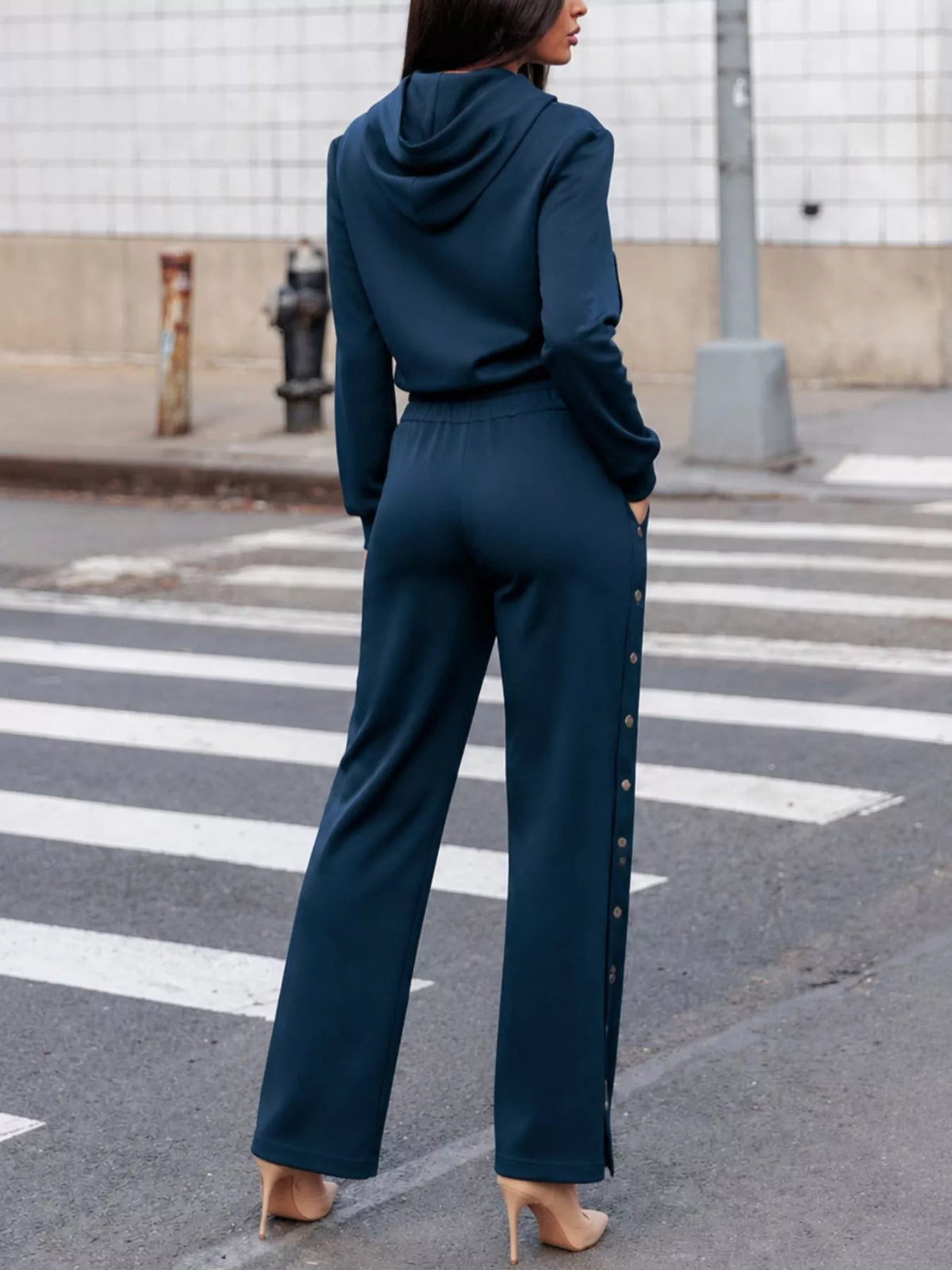 Hooded Zip-Up Jacket and Side-Button Wide-Leg Pant Set