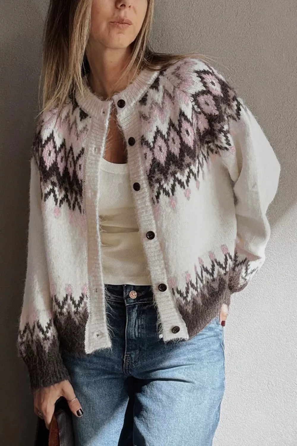 Geometric Pattern Brushed Knit Button Cardigan