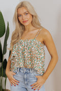 White Boho Floral Spaghetti Strap Ruffle Summer Tank Top