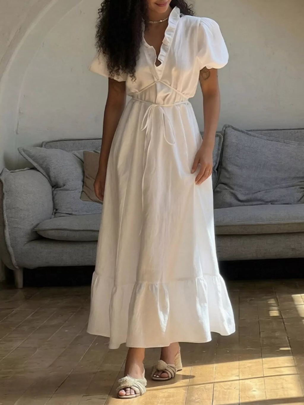 Full Size Puff Sleeve Ruffle Trim Maxi Dress Plus Size