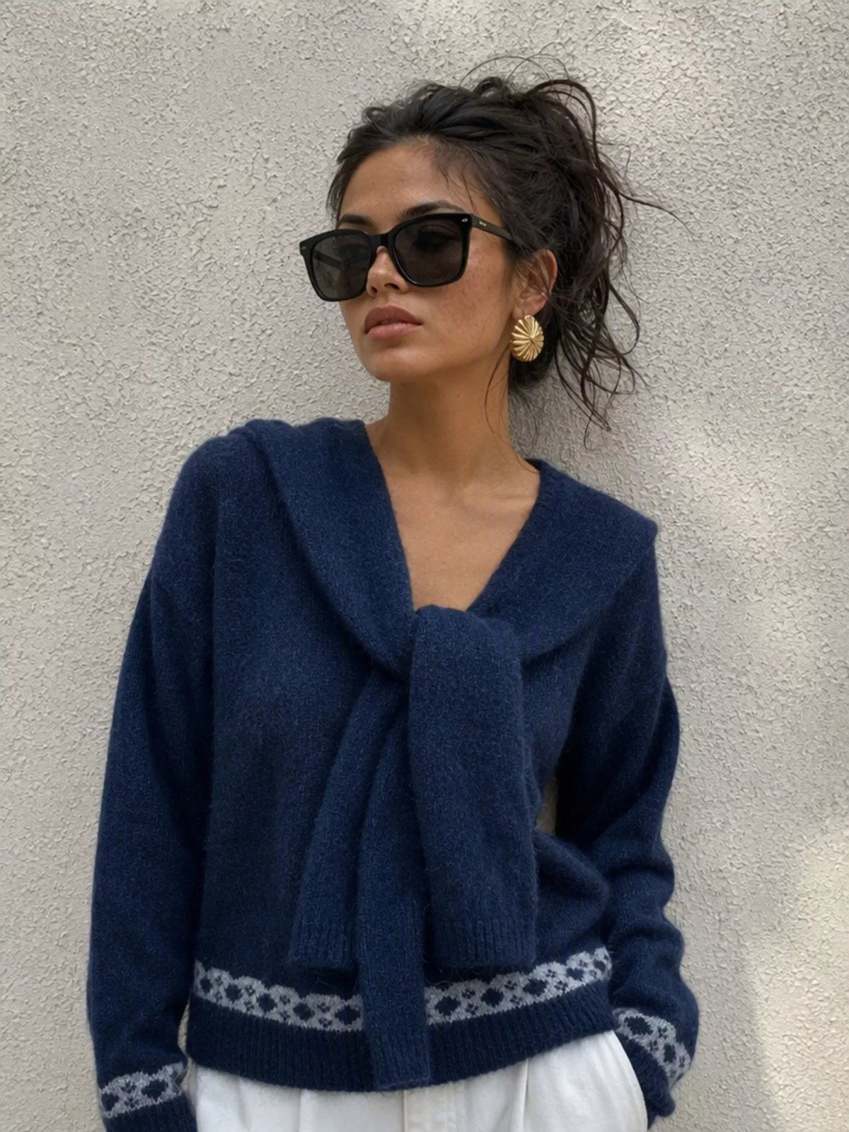 Scarf Detail Dropped Shoulder Sweater