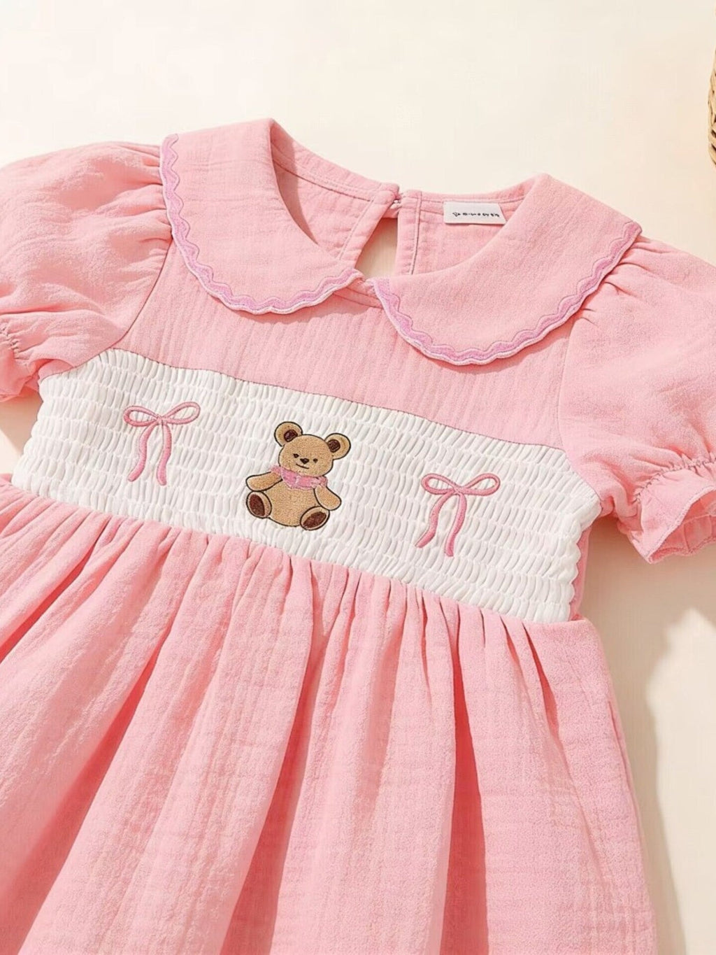 Children's Bear Embroidered Smocked Dress