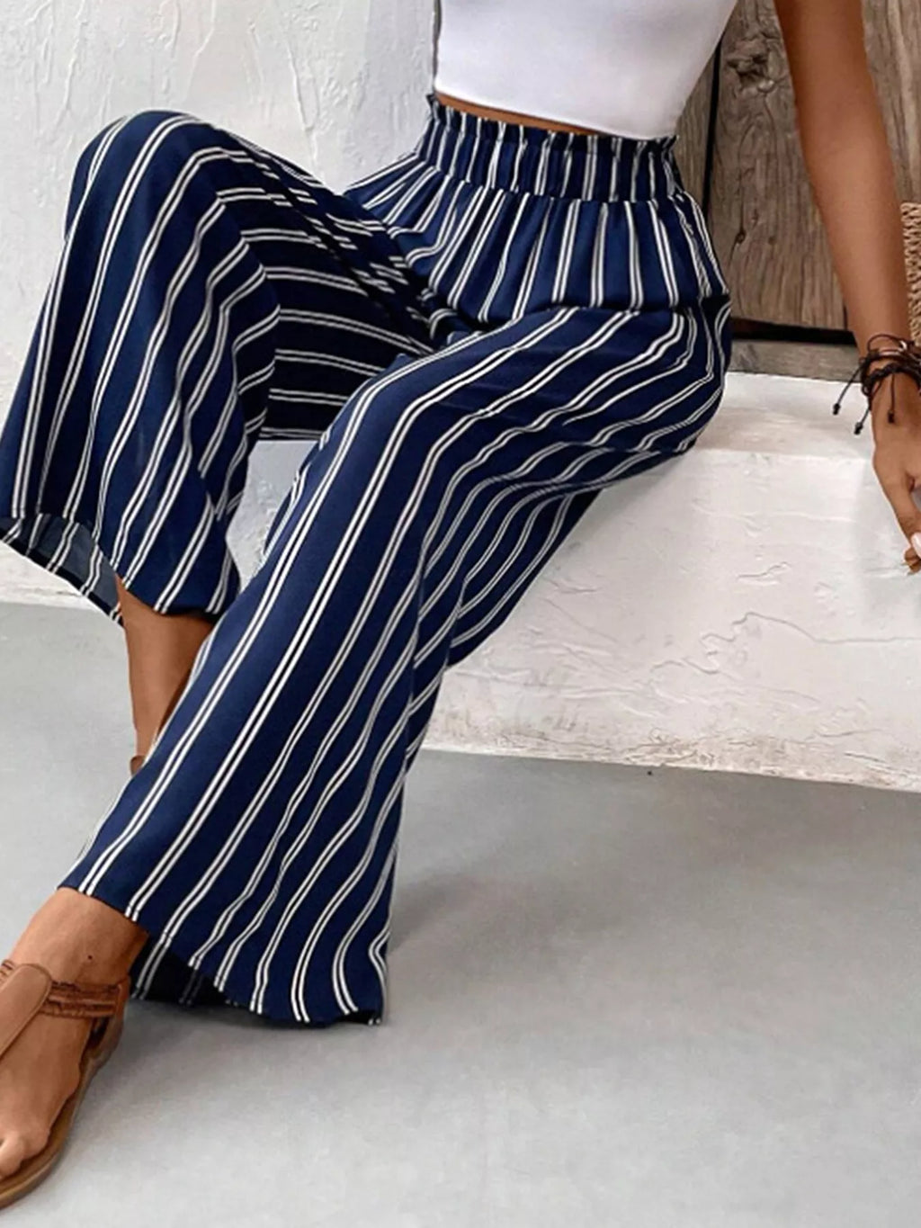 Striped Wide-Leg Pants with Elastic Waistband