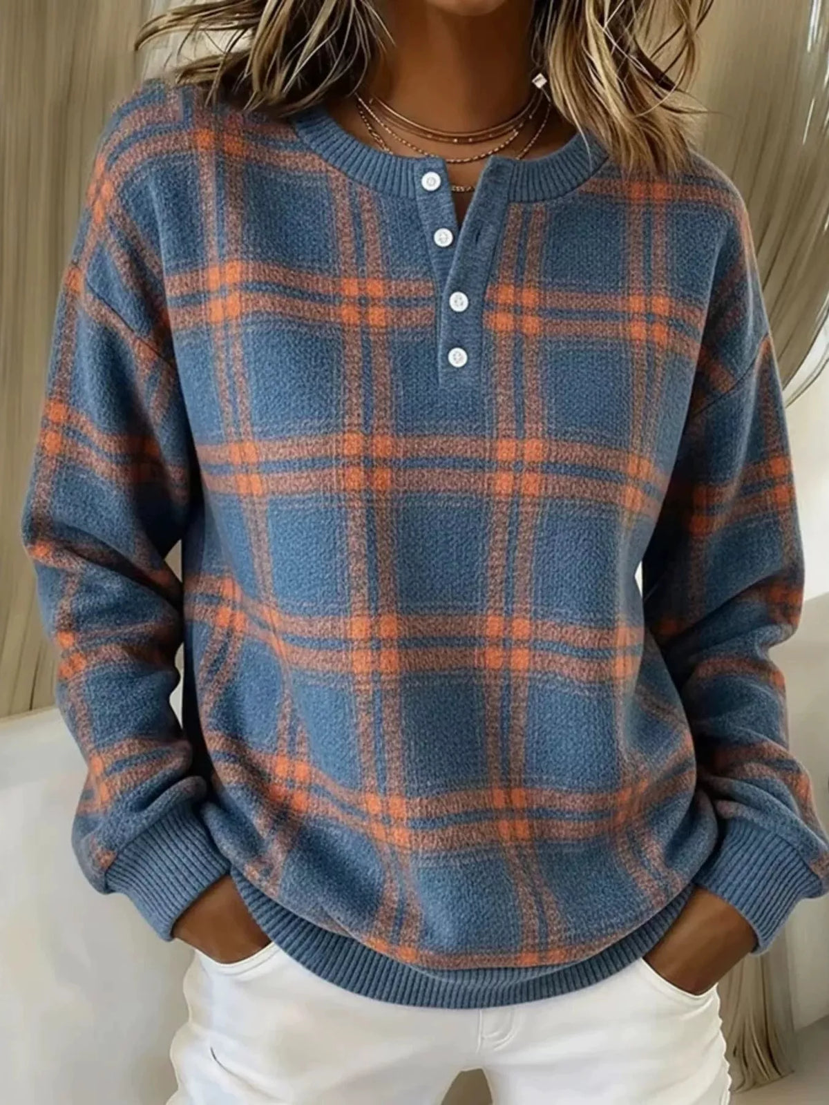 Full Size Plaid Button Detail Long Sleeve Sweatshirt Plus Size