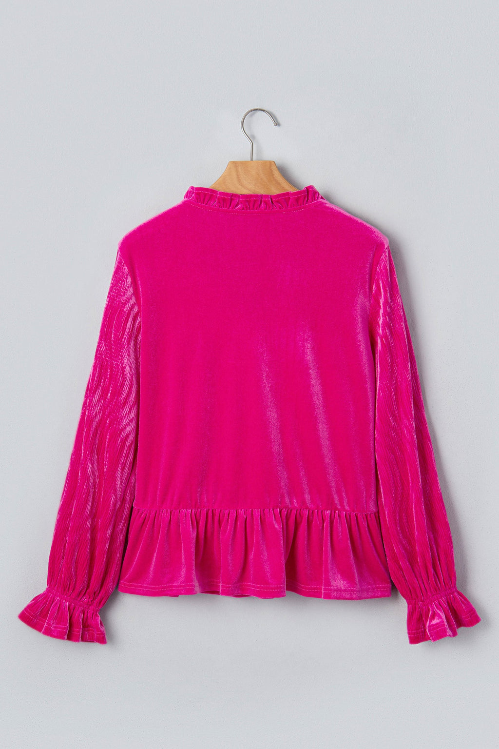 Strawberry Pink V Neck Velvet Ruffled Cuffs Hem Long Sleeve Top