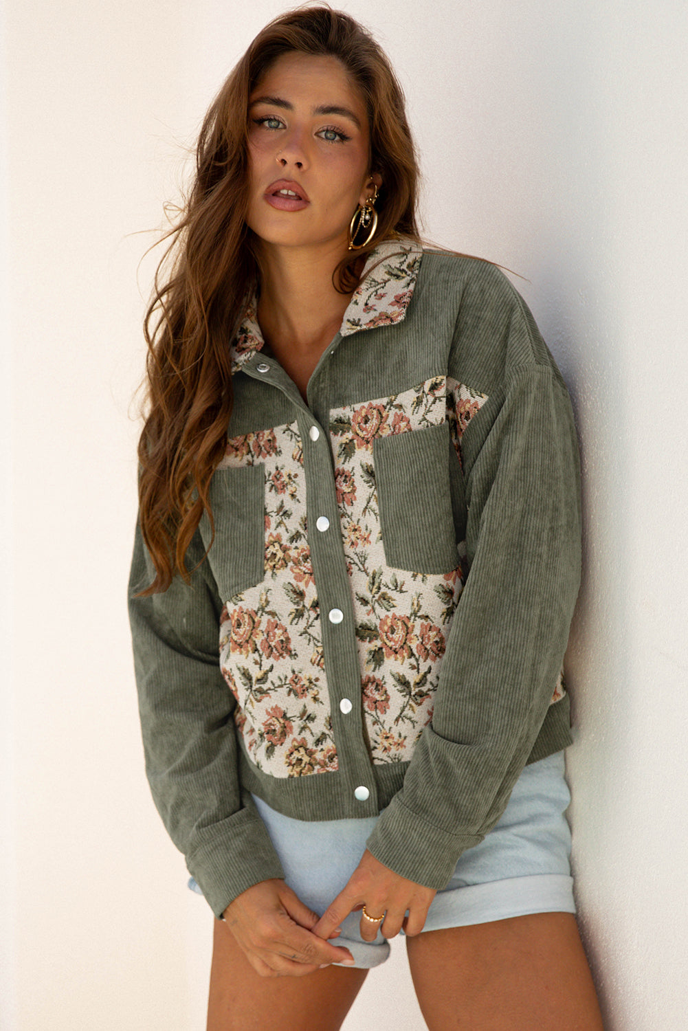 Floral Patchwork Ribbed Corduroy Shirt Jacket