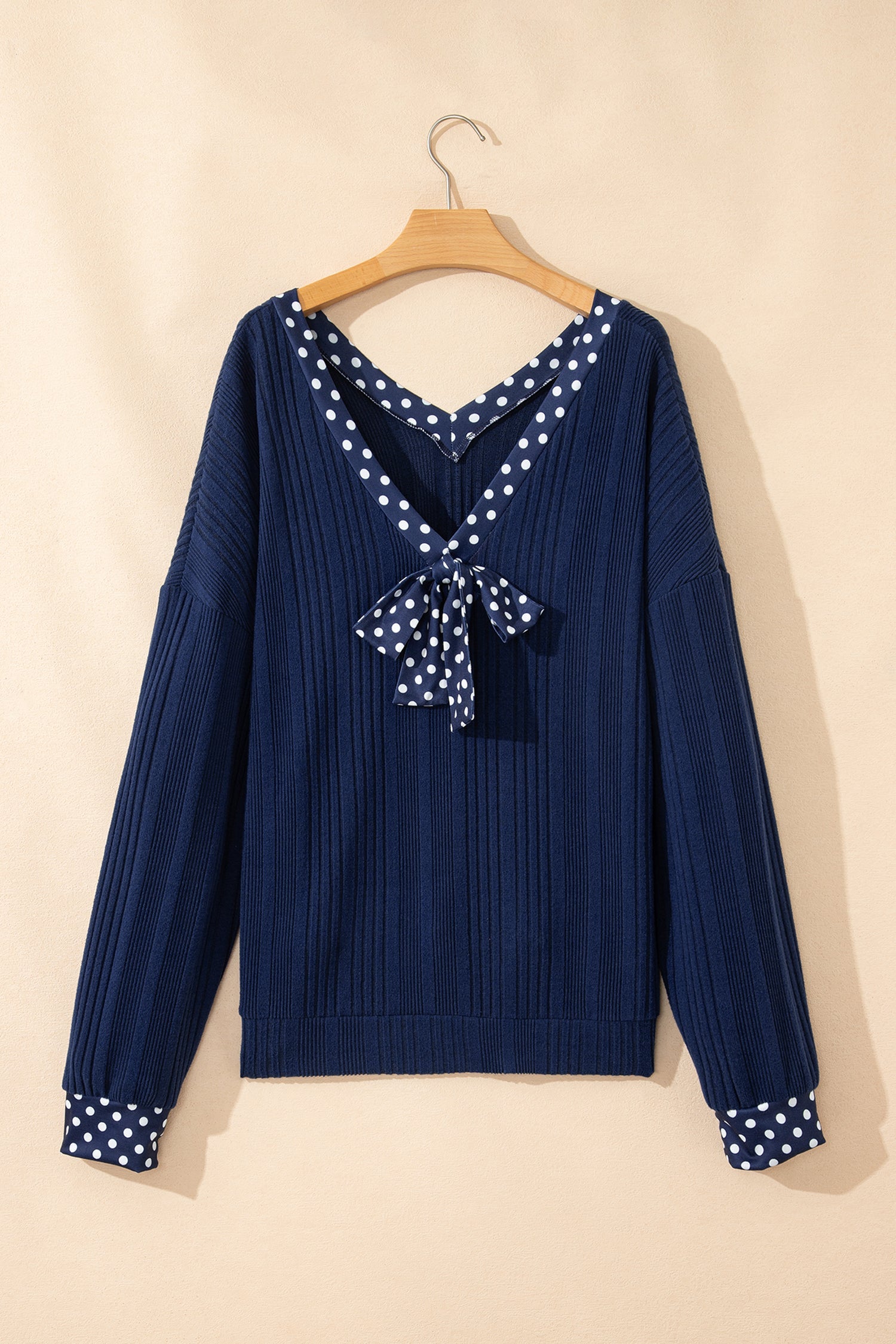 Dirty blue Polka Dot Trimmed V Neck Bow Tie Textured Ribbed Top
