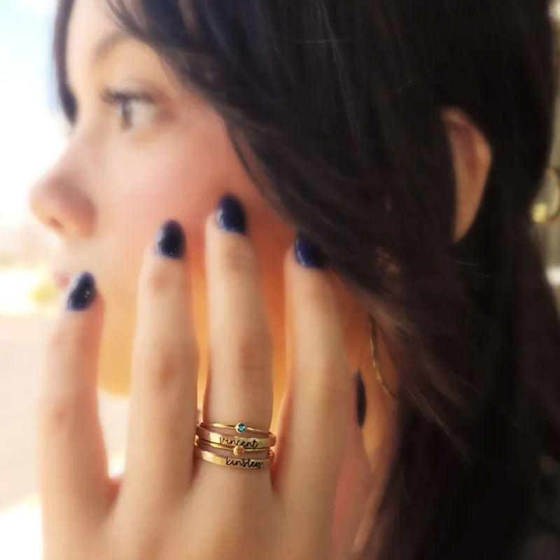 Birthstone-engraved Four-Piece Stacked Ring Set