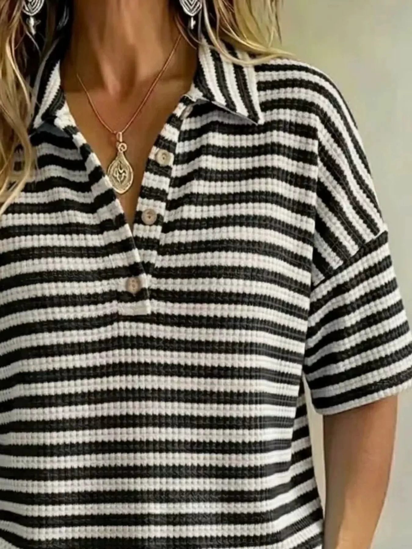 Full Size Contrast Striped Knit Polo Shirt Plus Size