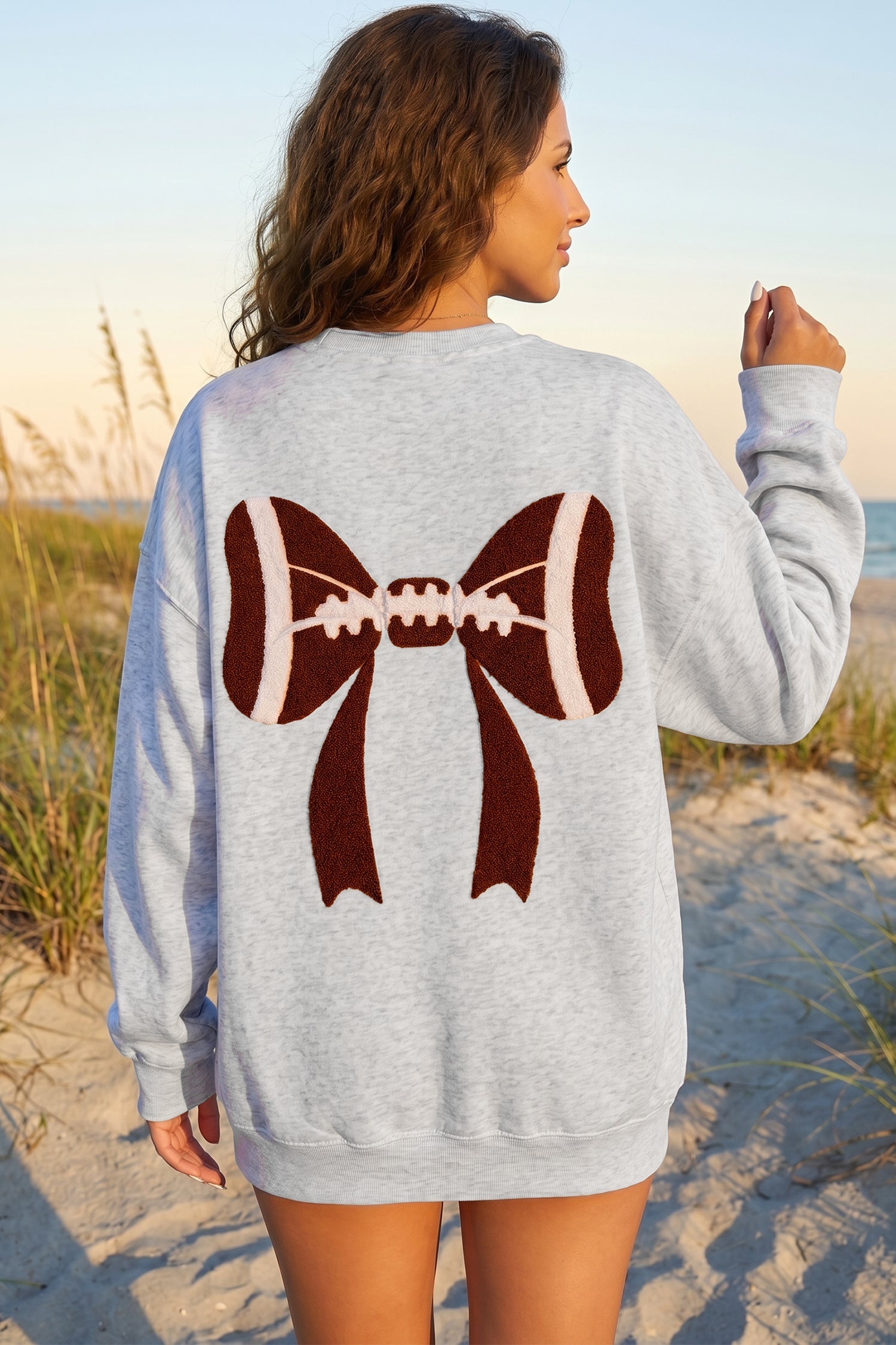 Gray Chenille Embroidered Rugby Bow Game Day Oversized Sweatshirt