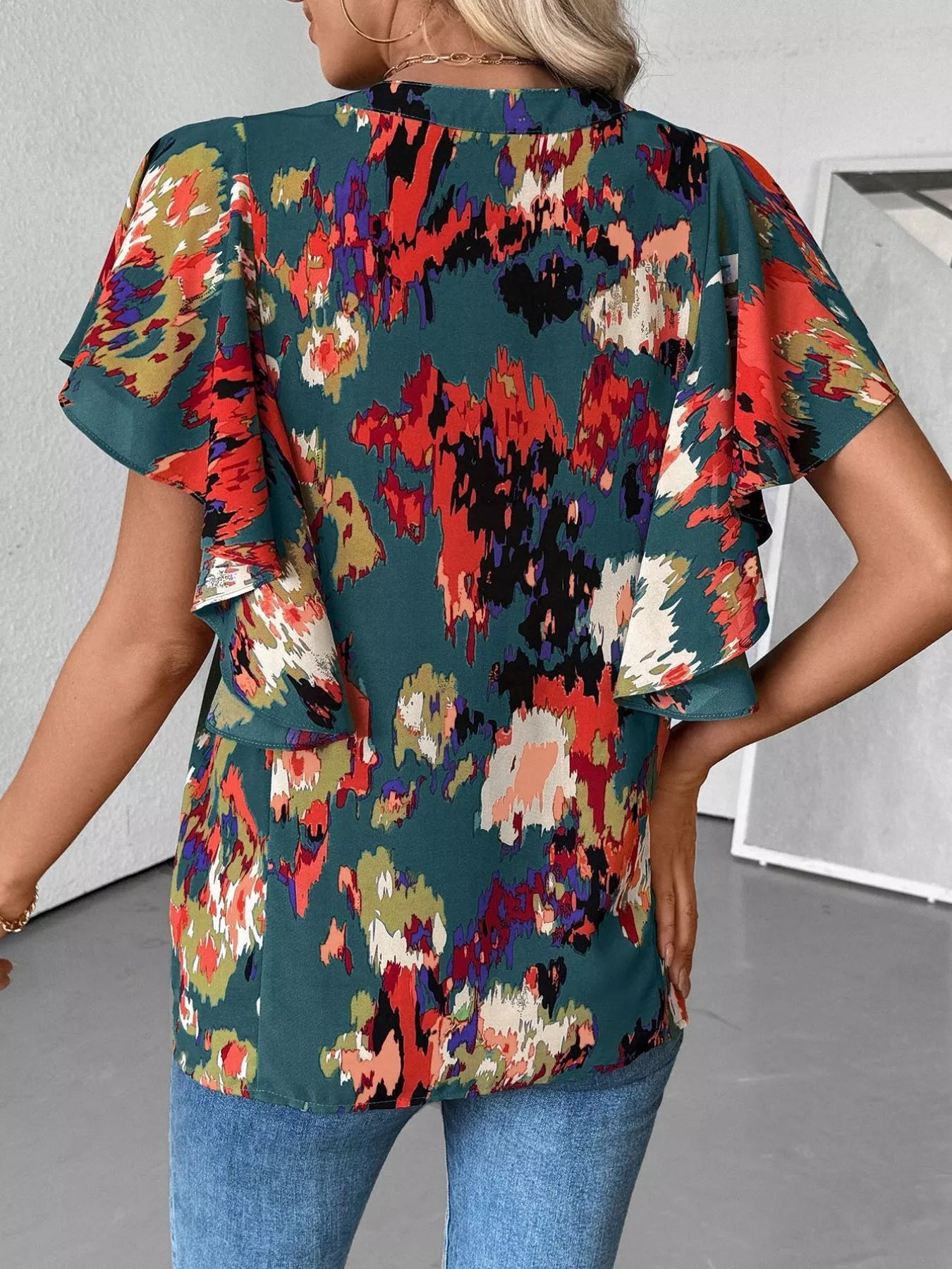 Abstract Print Ruffle Sleeve Blouse