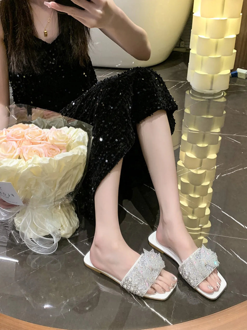 Rhinestone Embellished Flats Slip-On Sandals