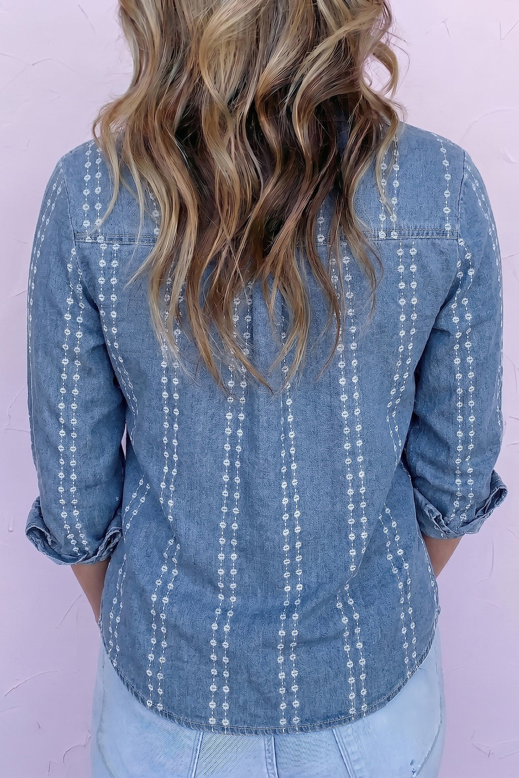 Myosotis Floral Print Button-Down Long Sleeve Denim Shirt