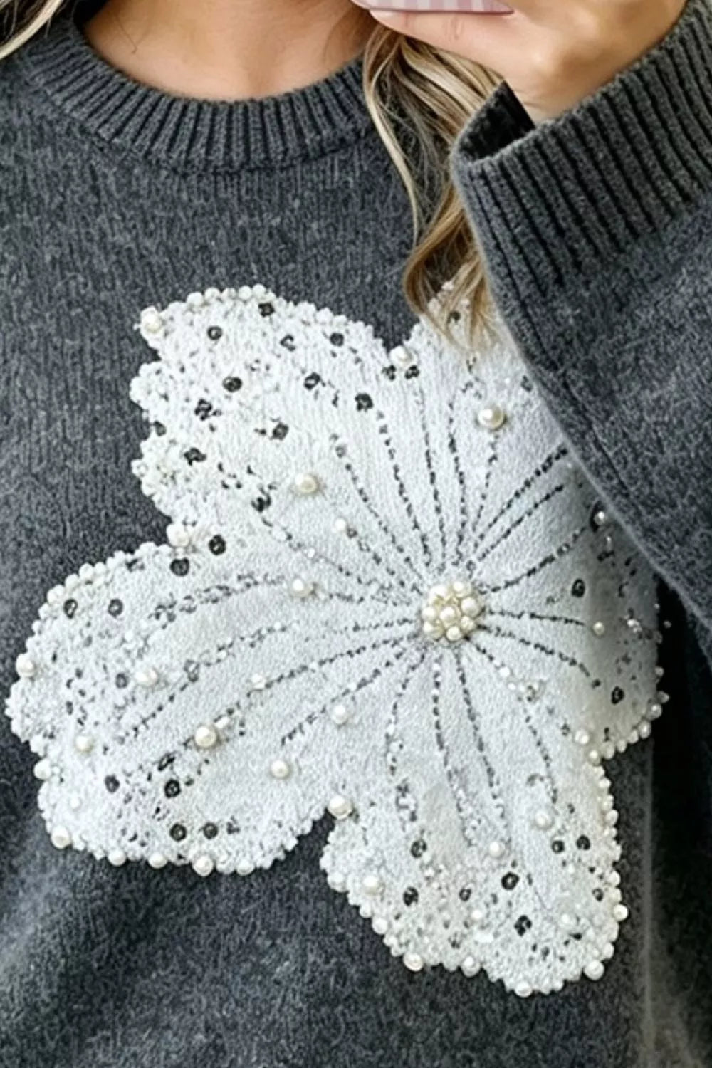 Pearl Embellished Floral Dropped Shoulder Sweater