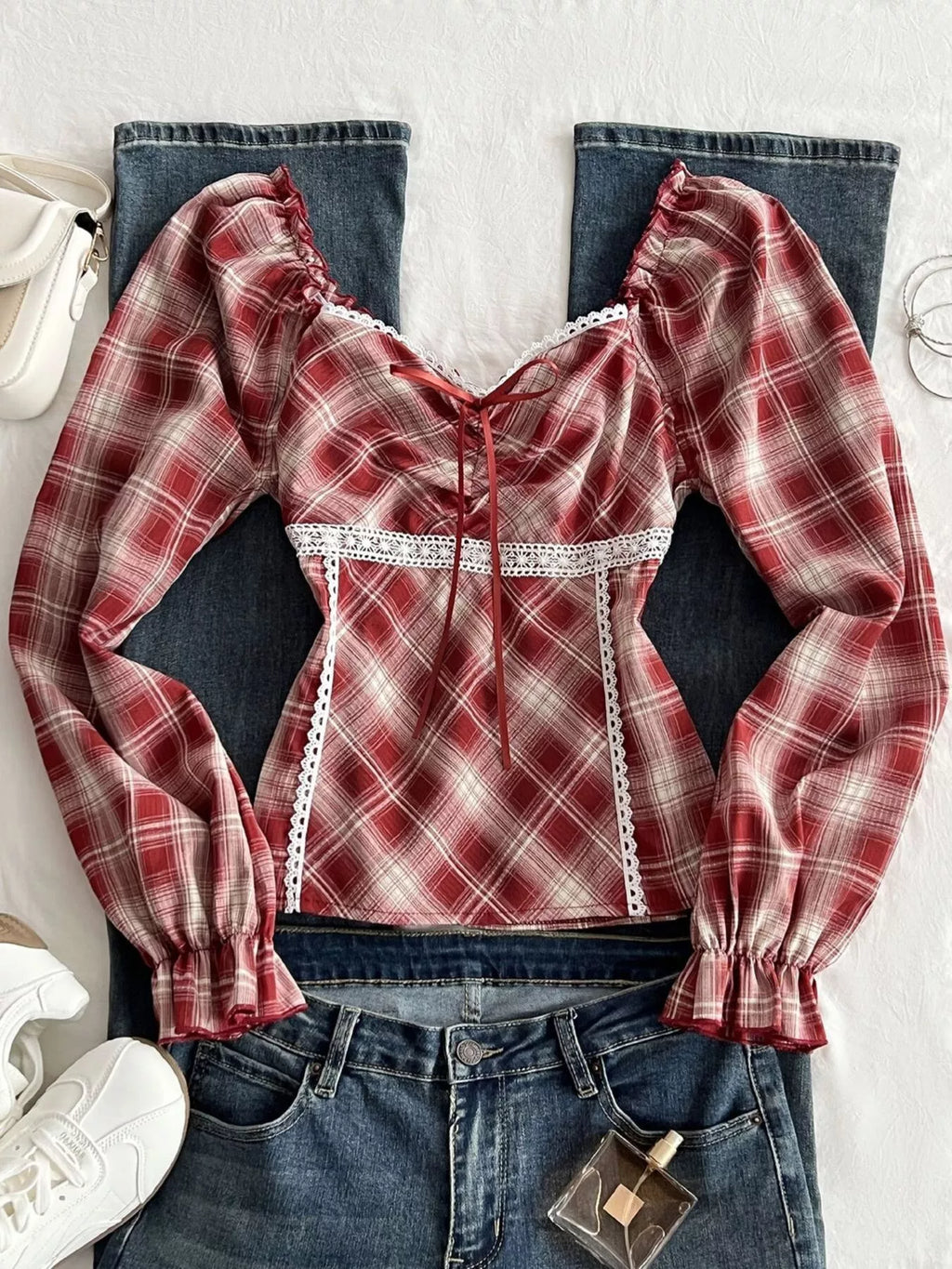 Plaid Lace-Trimmed Long Sleeve Blouse