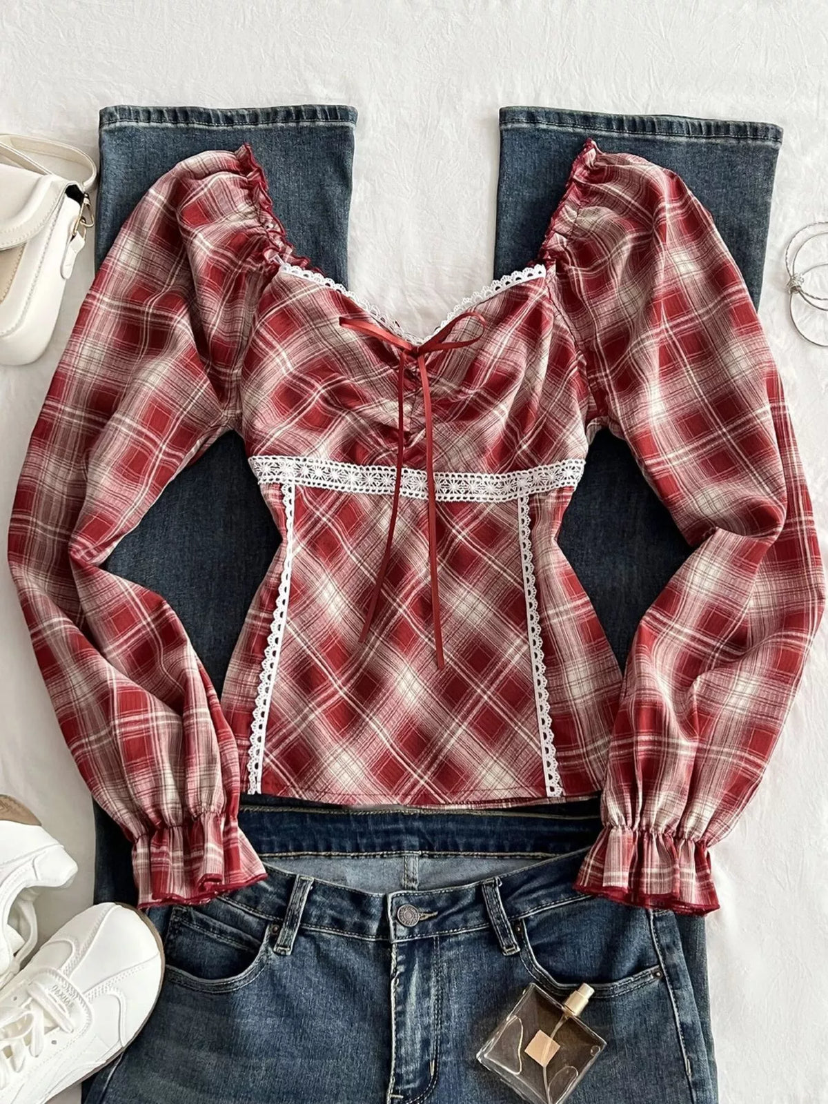 Plaid Lace-Trimmed Long Sleeve Blouse