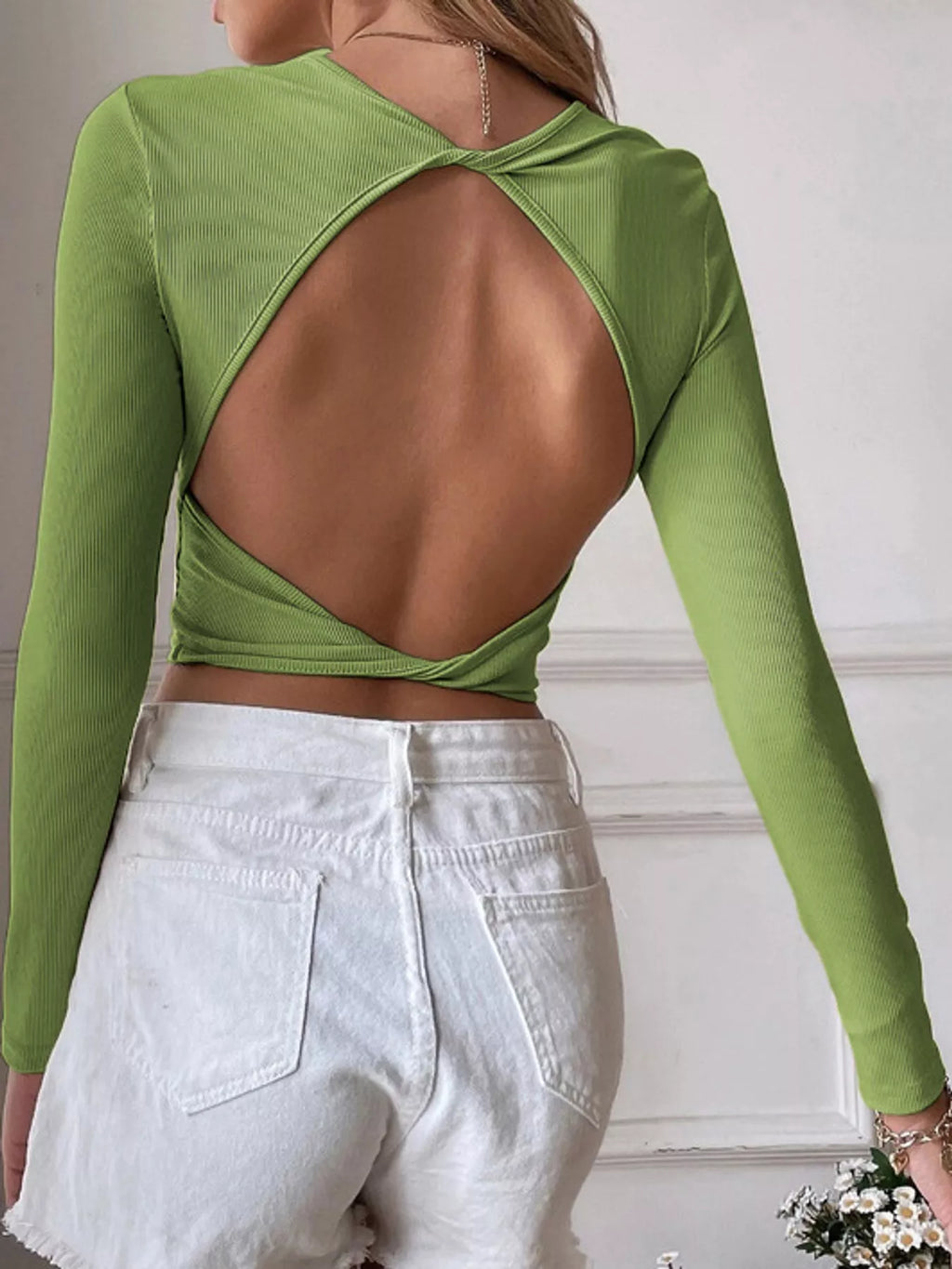 Cutout Back Long Sleeve Crop T-Shirt