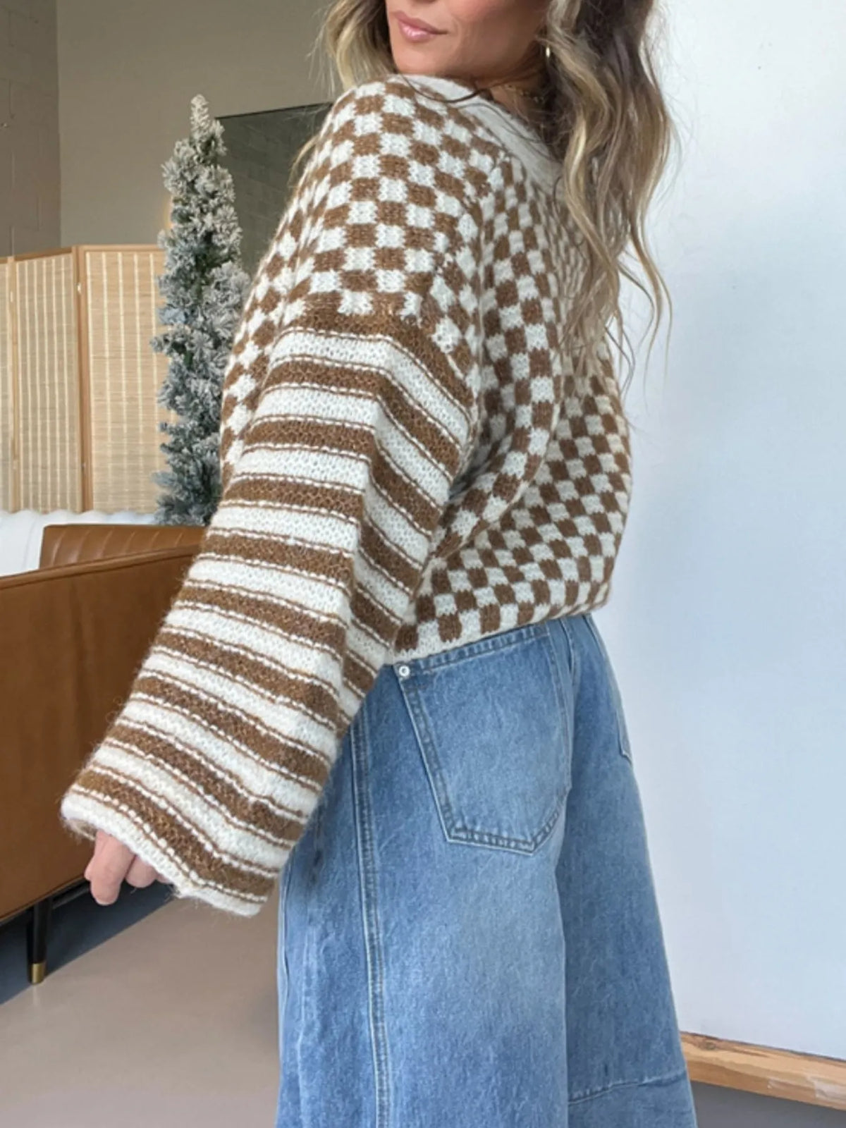 Checkered and Striped Button-Front Cropped Cardigan