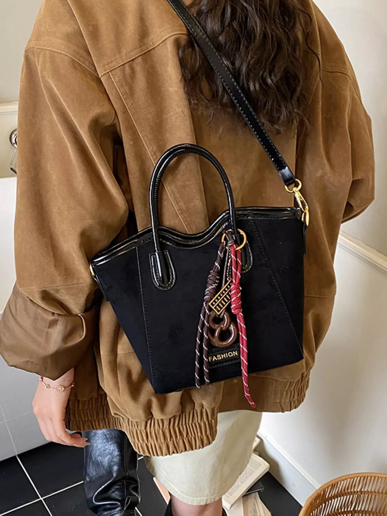 Suede Leather Strap Tote Bag