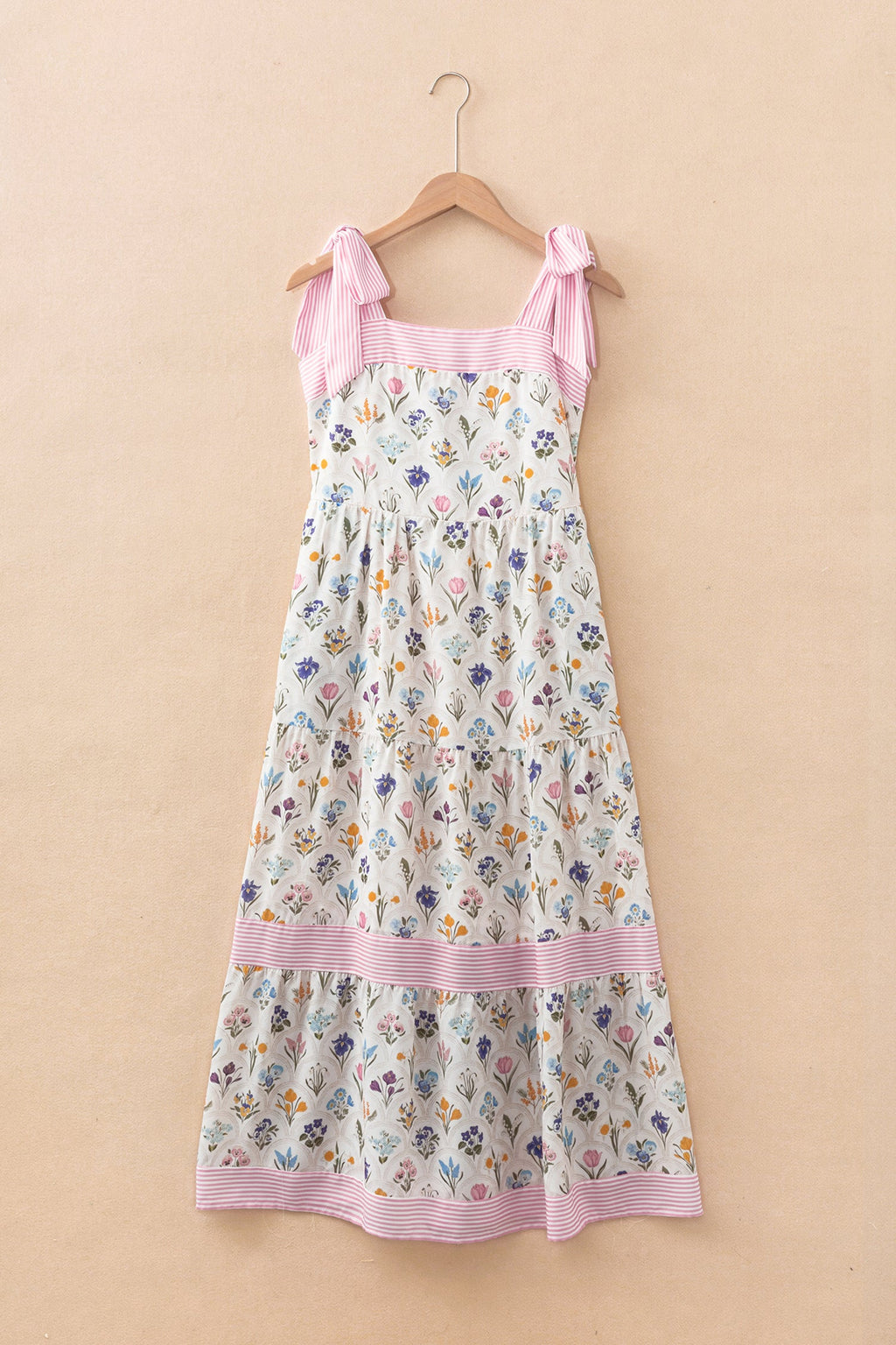 Multicolour Floral Print Striped Detail Knot Straps Maxi Dress