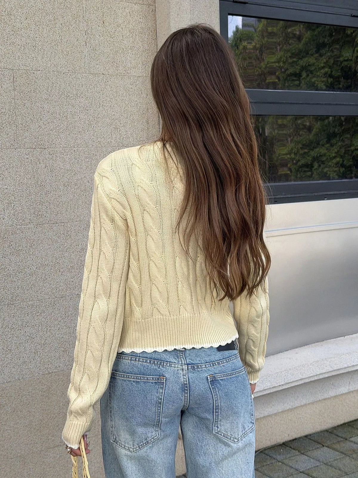 Cable Knit Button-Down Cropped Cardigan