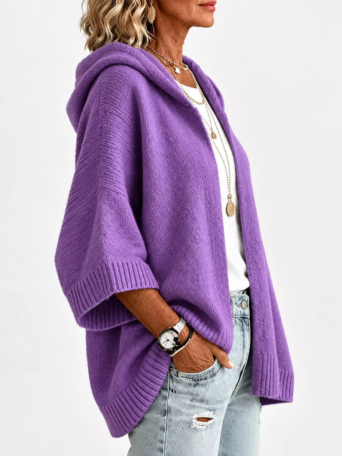 Full Size Hooded Open-Front Knit Cardigan Plus Size