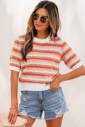 Orange Abstract Striped Knit Short Sleeve Sweater