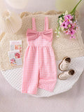 Children's Bow Plaid Wide Strap Jumpsuit