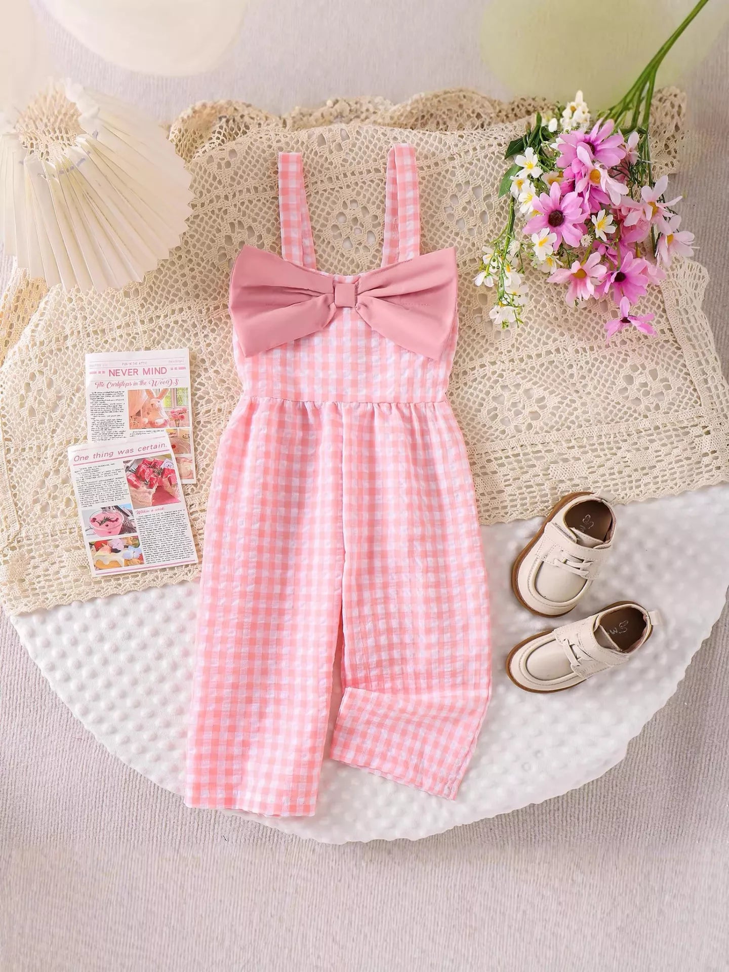 Children's Bow Plaid Wide Strap Jumpsuit