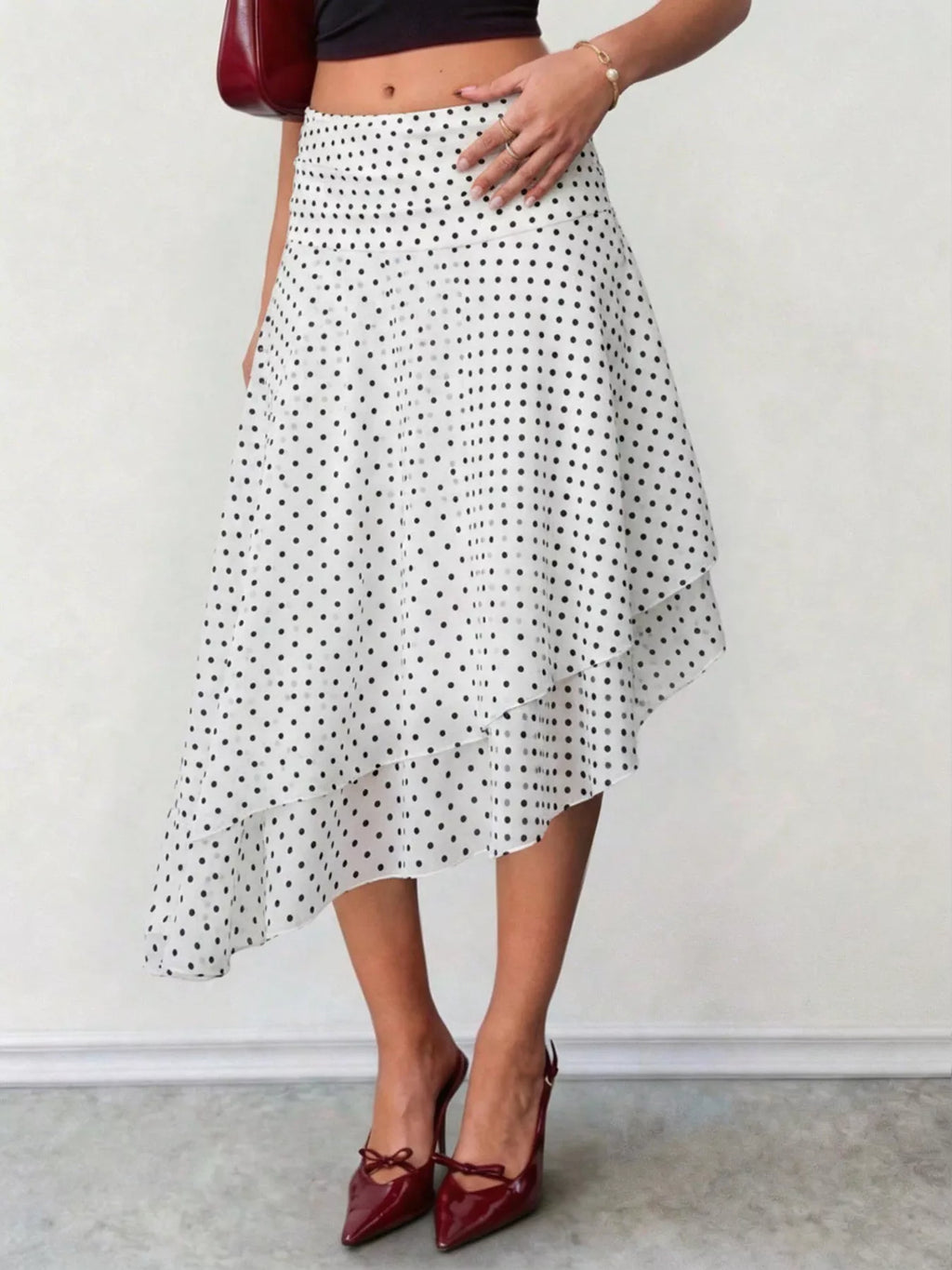 Polka Dot Asymmetrical Hem Midi Skirt