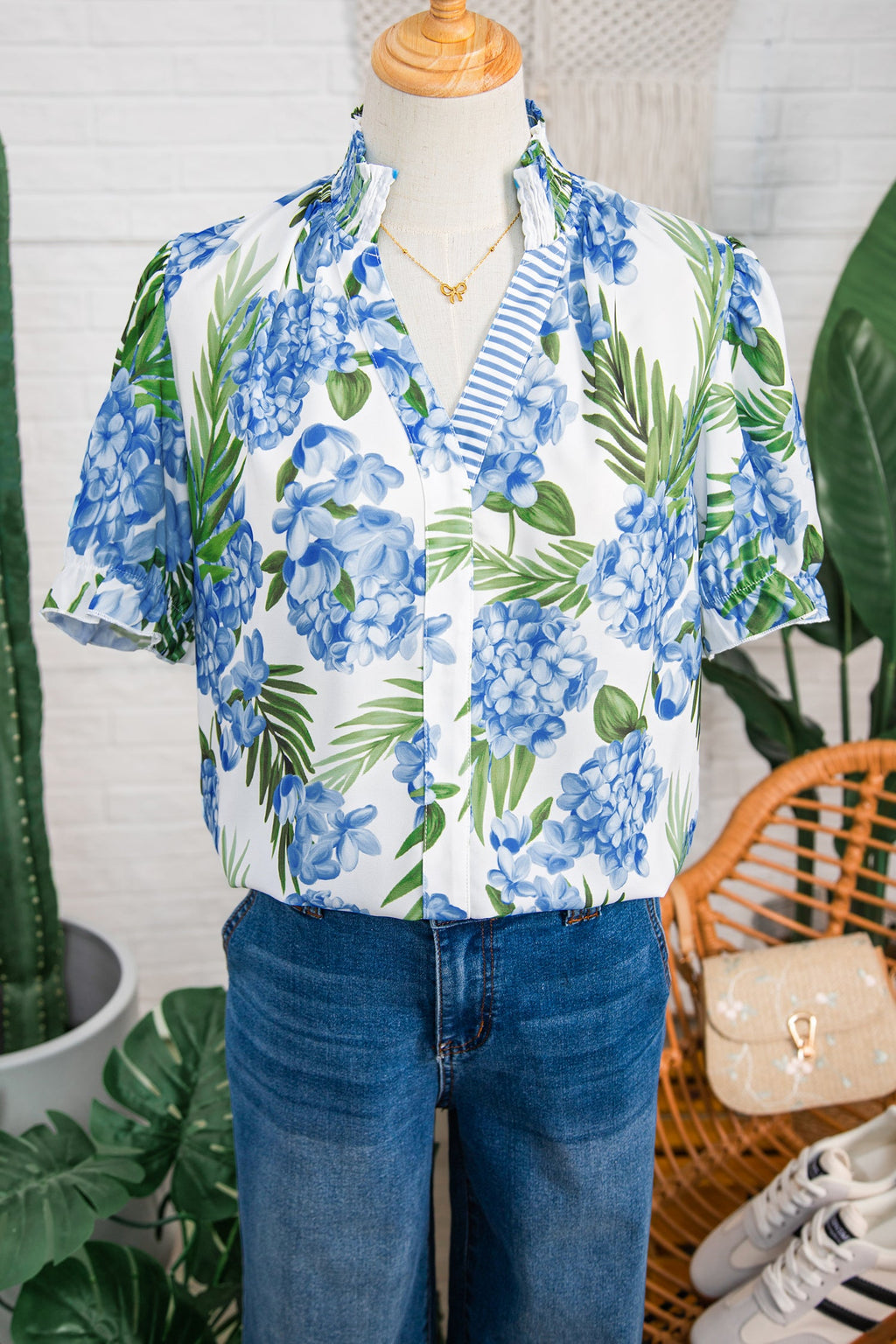 Sky Blue Palm Floral Print Striped Patchwork V Neck Short Sleeve Blouse