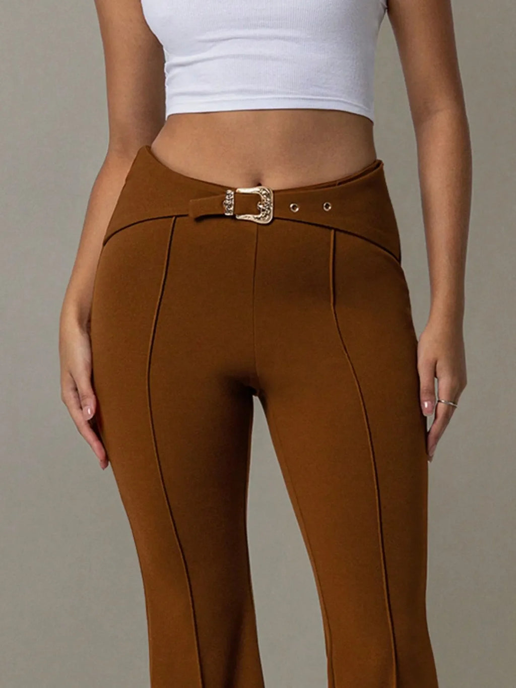 High Waist Flare Pants with Buckle Belt