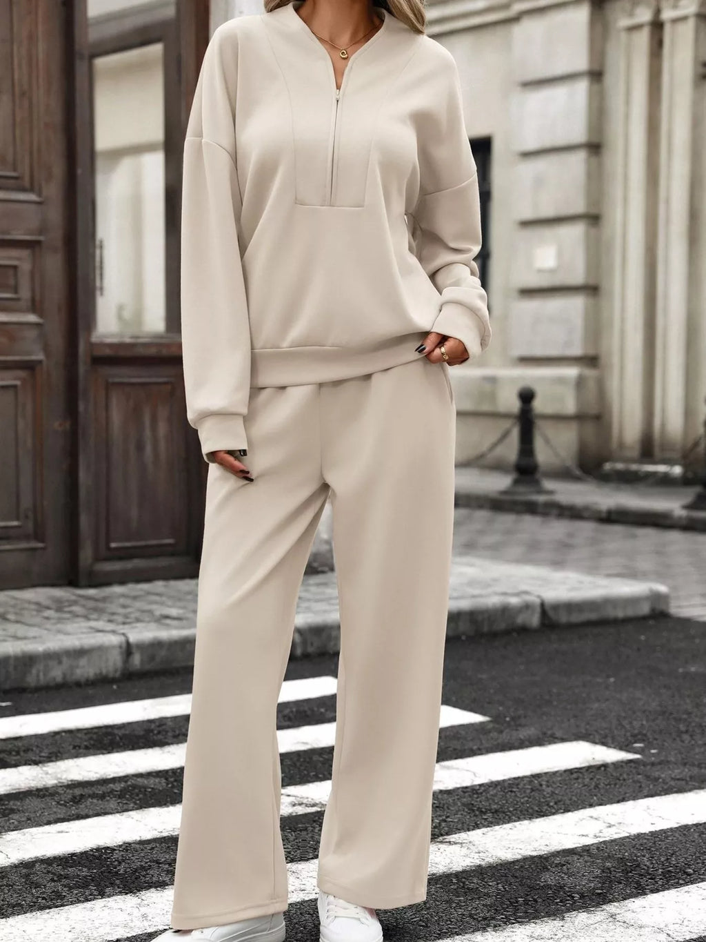 Half Zip Sweatshirt and Wide-Leg Pants Set
