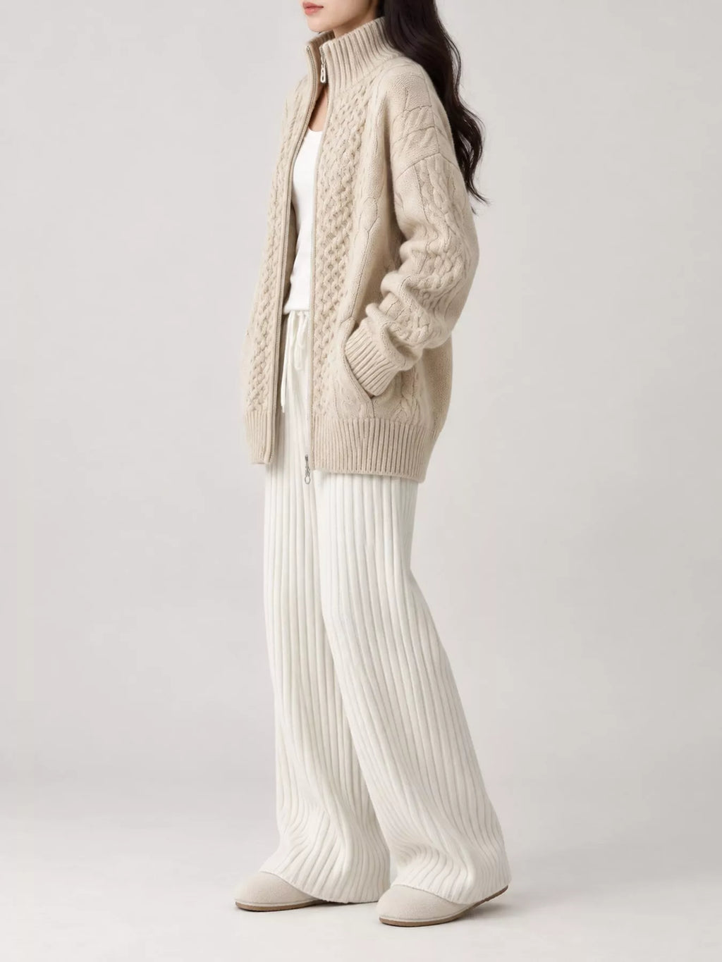 Full Size Cable-Knit Zip-Up Cardigan Plus Size
