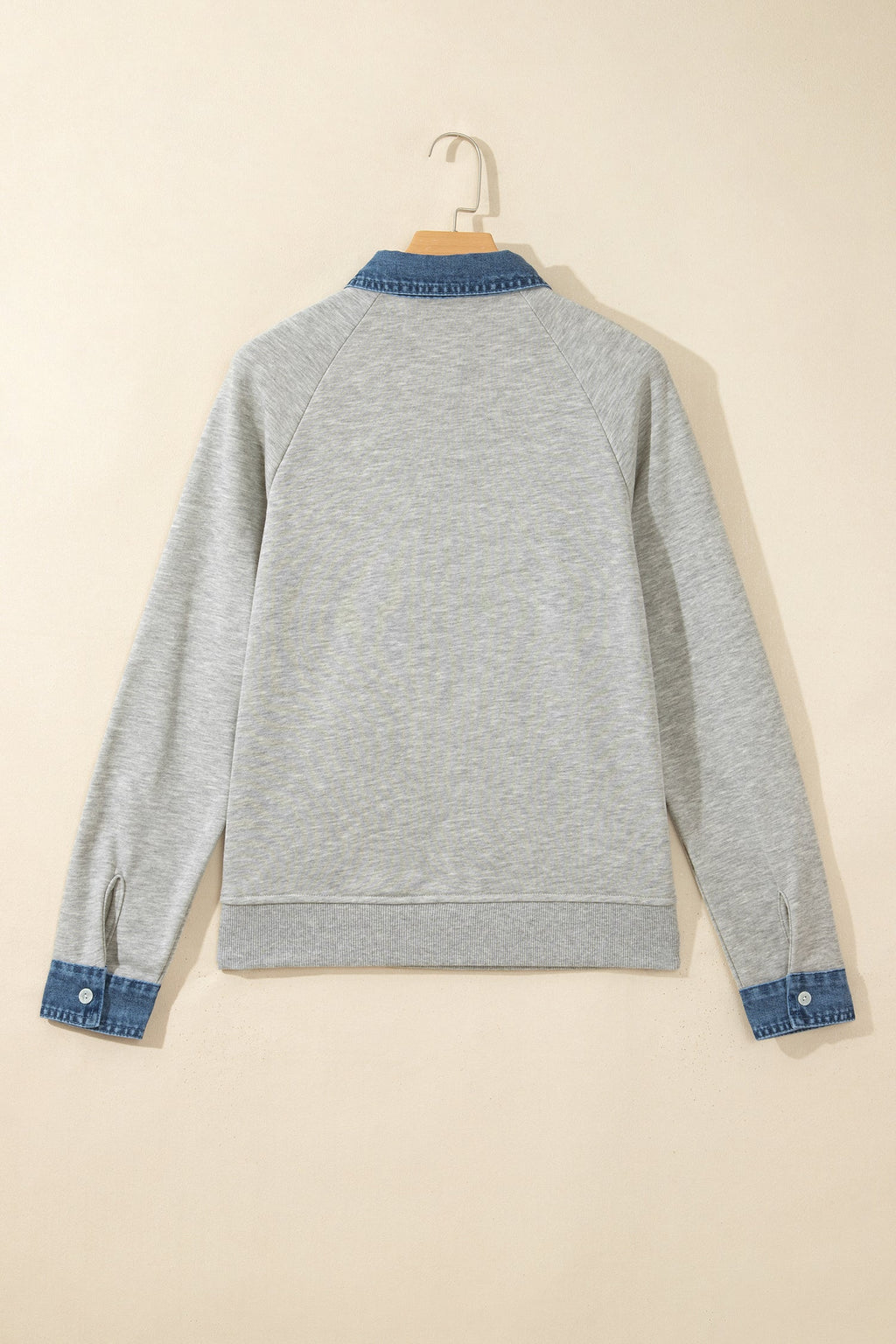 Gray Denim Collar Patchwork Long Sleeve Pullover Top