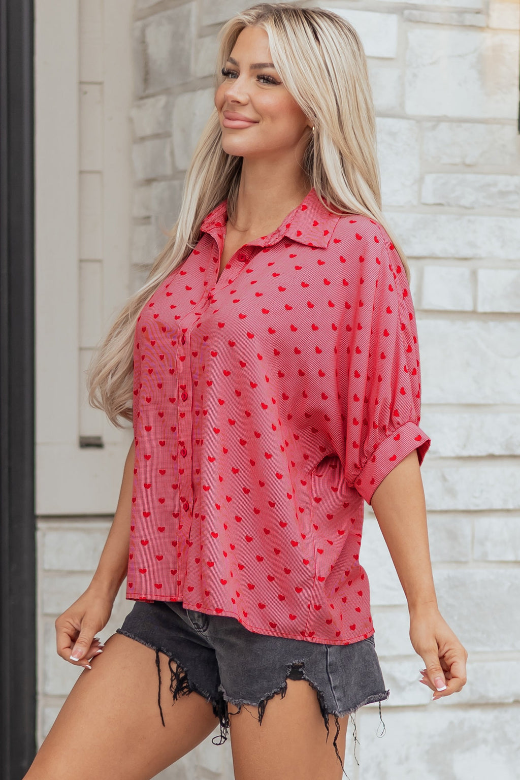 Red Heart Shape Print Half Sleeve Loose Valentine Shirt