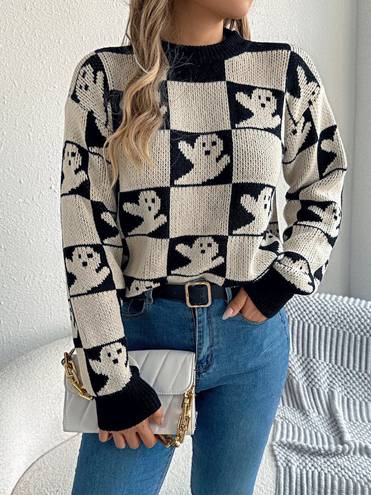 Halloween Ghost Pattern Checkered Round Neck Sweater