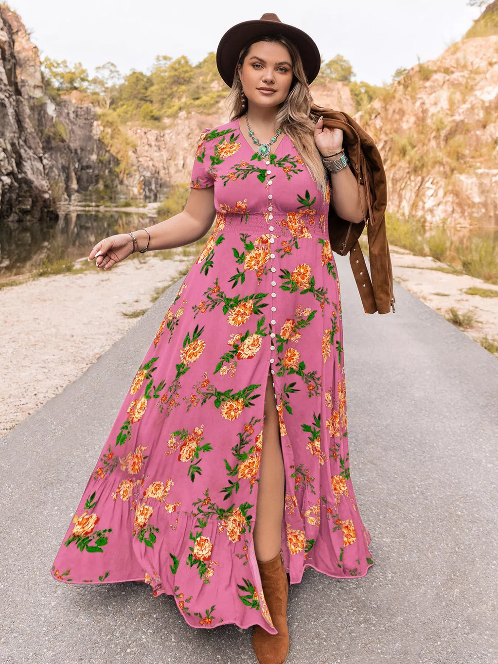 Floral V-Neck Short Sleeve Maxi Dress